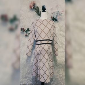 Geometric Retro Brown and Beige Pleated Dress